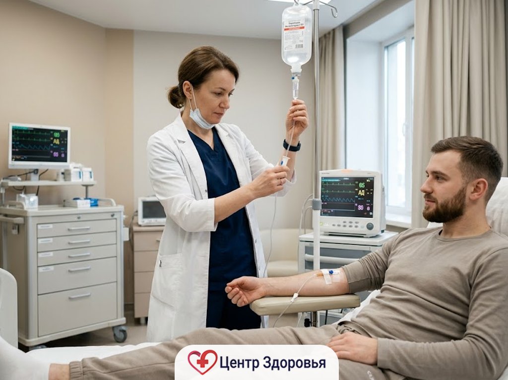 Врач устанавливает капельницу пациенту в наркологическом отделении